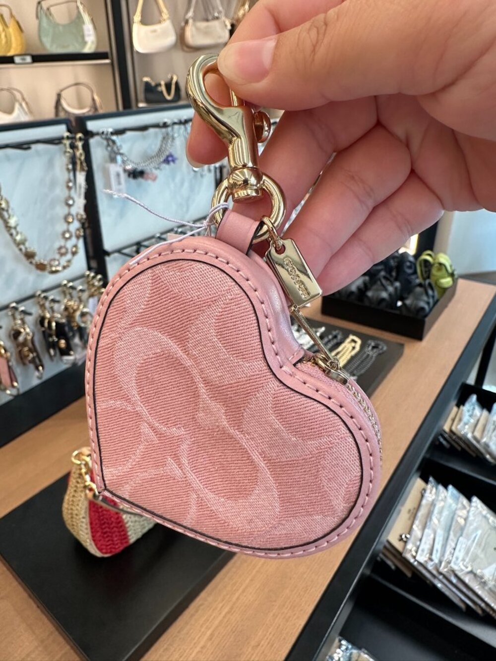 NWT! Coach CEU37 Heart Bag Charm Keychain In Light Pink Signature Denim/Gold
